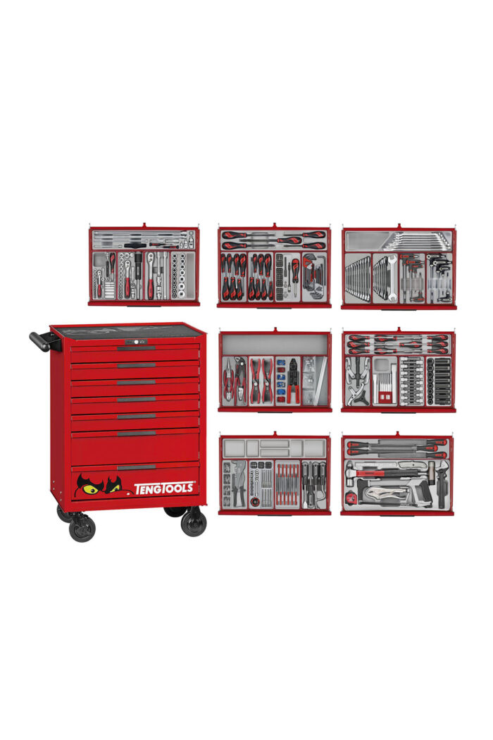 Teng Tools Verktygsvagn TKW26R628T är en röd verktygslåda på hjul med sju lådor fyllda med diverse verktyg, inklusive skiftnycklar, skruvmejslar och tång. Flera bilder visar de organiserade verktygsuppsättningarna i lådorna.