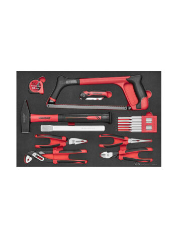15 delars Verktygssats Teng Tools TTEPS15 är en uppsättning röda och svarta handverktyg organiserade i skum, bestående av bågfil, måttband, vikkniv, hammare, tång, skruvmejslar och filar. Varje verktyg är snyggt arrangerat för enkel åtkomst.