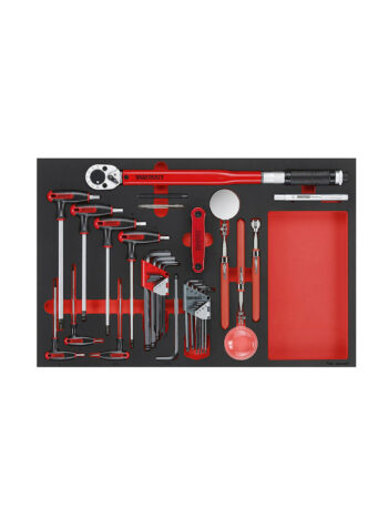Vi presenterar 17-delars Verktygssats Teng Tools TTEX17, en noggrant arrangerad verktygssats inrymd i en skumbricka. Den innehåller en rad skiftnycklar, skruvmejslar, spärrar och insexnycklar. Varje verktyg har en röd och silverdesign och är exakt inpassad i dess avsedda plats för optimal organisation.
