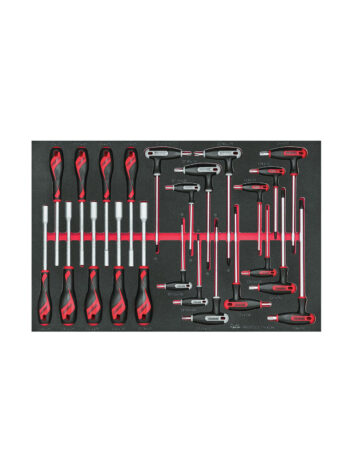 En snyggt organiserad uppsättning skruvmejslar och T-handtag från Teng Tools TTEX23N-kollektion, med svart och röd design på en svart skumbricka. De 23 delarna är ordnade i rader och visar olika storlekar och typer, med slående röda accenter på handtagen.