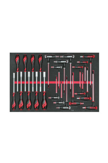 En snyggt organiserad uppsättning skruvmejslar och T-handtag från Teng Tools TTEX23N-kollektion, med svart och röd design på en svart skumbricka. De 23 delarna är ordnade i rader och visar olika storlekar och typer, med slående röda accenter på handtagen.