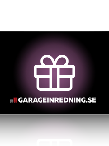 Ett digitalt presentkort från GARAGEINREDNING.SE har en svart design med en lysande rosa presentförpackningsikon i mitten och 