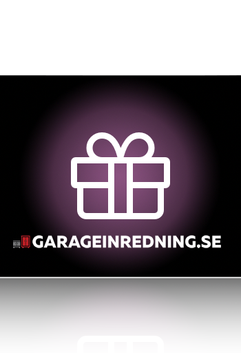 Ett digitalt presentkort från GARAGEINREDNING.SE har en svart design med en lysande rosa presentförpackningsikon i mitten och 