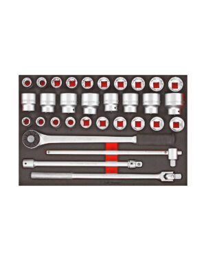 32 delars Hylsnyckelsats 3/4'' Teng Tools TTESK32 har silver hylsnycklar och tillbehör, inklusive hylsstorlekar, förlängningsstänger, ett spärrhandtag och en universalknut, var och en med en röd fyrkantsindikator, snyggt arrangerad på en svart bakgrund.