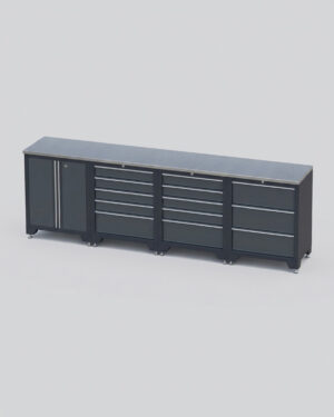 Garageinredning med 4 delar - set 2, grå, CLASSIC är ett långt verktygsskåp i svart metall med en topp i rostfritt stål, ett skåp med en dörr till vänster och flera lådor
