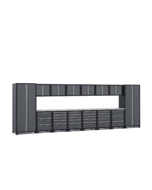 Garageinredning med 14 delar – set 1, grå, CLASSIC erbjuder ett minimalistiskt och organiserat stort modulärt förvaringssystem med flera svarta skåp, lådor och höga enheter med silverhandtag. Perfekt för att organisera verktyg och utrustning.