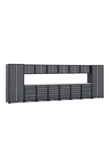 Garageinredning med 14 delar – set 1, grå, CLASSIC erbjuder ett minimalistiskt och organiserat stort modulärt förvaringssystem med flera svarta skåp, lådor och höga enheter med silverhandtag. Perfekt för att organisera verktyg och utrustning.