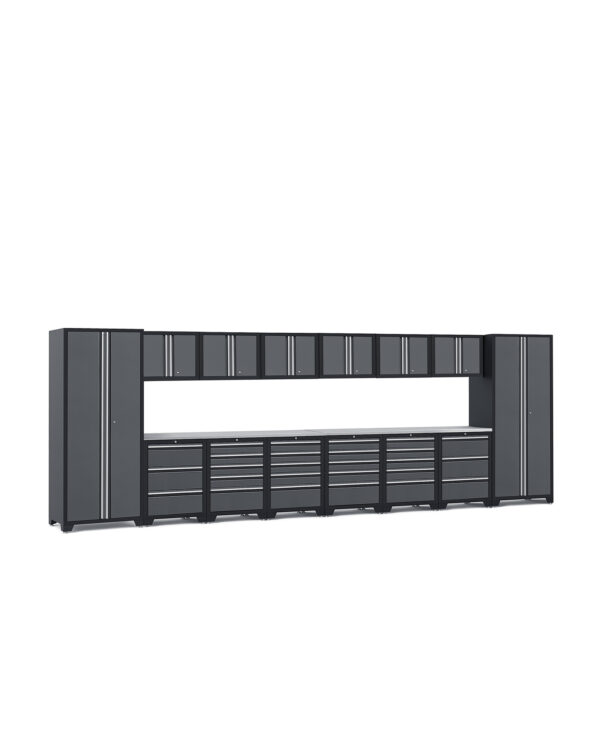 Garageinredning med 14 delar – set 1, grå, CLASSIC erbjuder ett minimalistiskt och organiserat stort modulärt förvaringssystem med flera svarta skåp, lådor och höga enheter med silverhandtag. Perfekt för att organisera verktyg och utrustning.