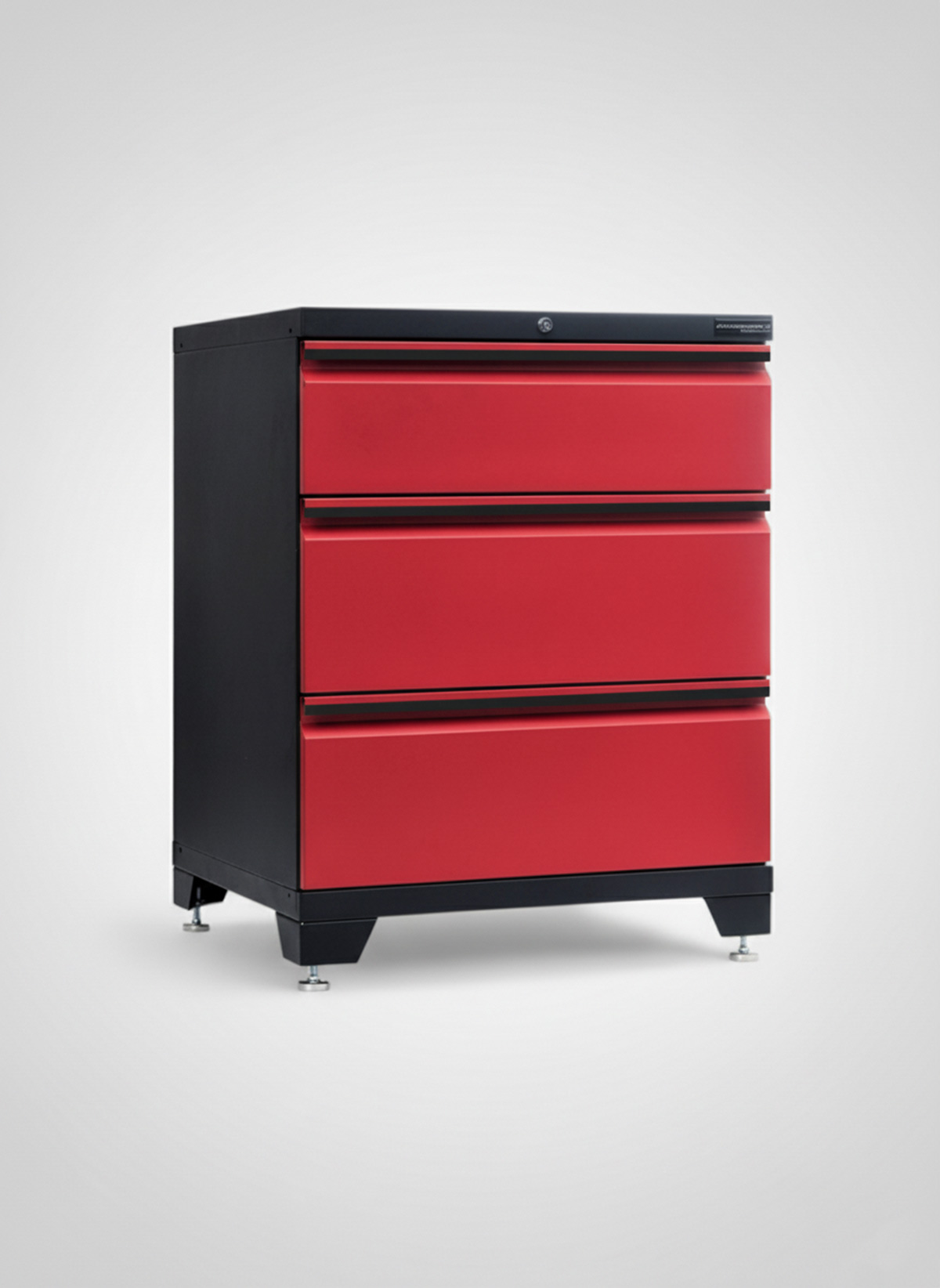 Verktygsskåp med 3 lådor Black edition - Röd, PRO är ett svart skåp med tre lådor, ljusröda lådfronter, metallben och lås på överlådan, mot en ljusgrå bakgrund.
