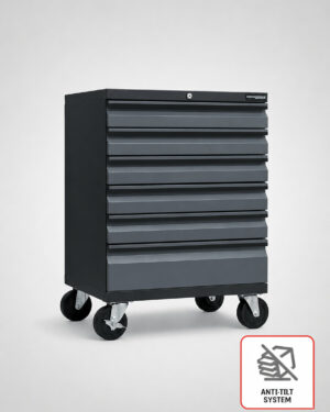 Verktygsvagn 6 lådor Anti-Tilt Protection Black edition - Grå, PRO är en svart verktygsvagn med sex låsbara lådor på fyra hjul. En ikon markerar dess Anti-Tilt Protection-system för ökad säkerhet.