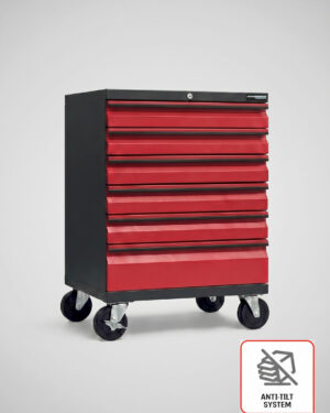A Verktygsvagn 6 lådor Anti-Tilt Protection Black edition - Röd, PRO med fyra hjul visas på en ljus bakgrund med en ikon som framhäver det inbyggda Anti-Tilt Protection-systemet för ökad säkerhet.
