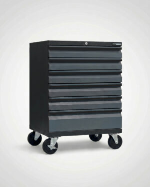 Verktygsvagn med 6 lådor Black edition - Grå, PRO är en verktygslåda i grå och svart metall med sex lådor och fyra länkhjul, mot en ljus bakgrund.