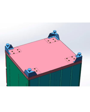 3D-modell av ett containerns övre hörn, med ett rosa plant tak med blå hörnbeslag och bultar samt en grön kaross under – perfekt inspiration för alla som designar med Hjulset till verktygsskåp / förvaringsskåp PRO SERIES.