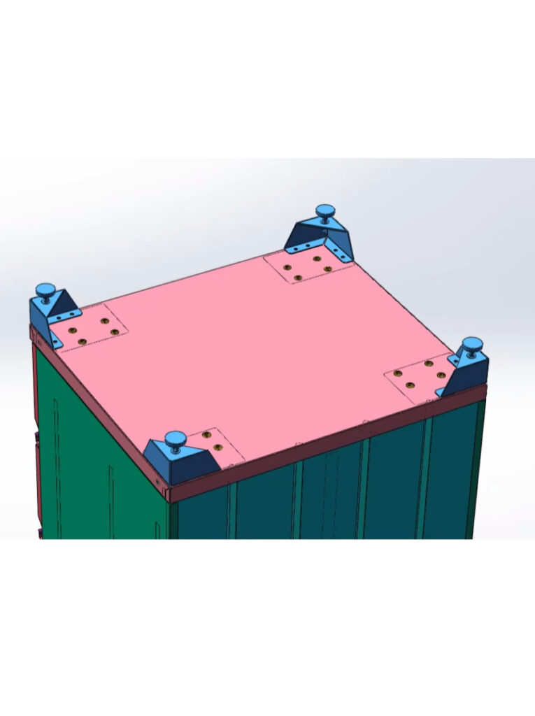 3D-modell av ett containerns övre hörn, med ett rosa plant tak med blå hörnbeslag och bultar samt en grön kaross under – perfekt inspiration för alla som designar med Hjulset till verktygsskåp / förvaringsskåp PRO SERIES.