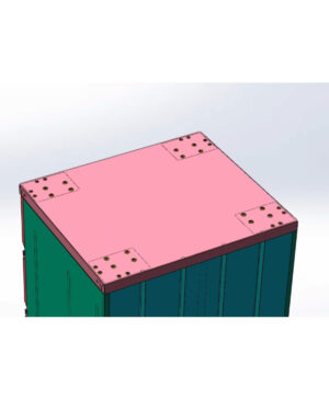 3D-modell av ett containers övre hörn, med ett rosa plant tak med perforerade fyrkantiga plattor i varje hörn och gröna vertikala sidor – perfekt för att montera PRO SERIES-hjulsatsen på verktygsskåp eller förvaringsskåp.
