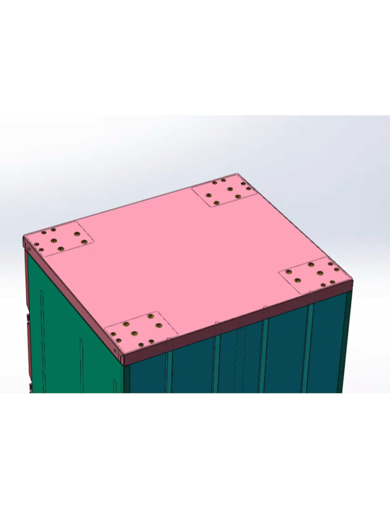 3D-modell av ett containers övre hörn, med ett rosa plant tak med perforerade fyrkantiga plattor i varje hörn och gröna vertikala sidor – perfekt för att montera PRO SERIES-hjulsatsen på verktygsskåp eller förvaringsskåp.