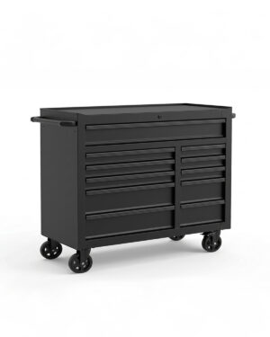 Verktygsvagn med 11 lådor Black edition från Nisma tools har flera lådor, sidohandtag och fyra länkhjul och visas mot en vit bakgrund.