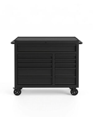 Verktygsvagn med 11 lådor Black edition från Nisma tools är en svart rullande verktygslåda med flera lådor, platt topp, sidohandtag och fyra länkhjul, mot en vit bakgrund.