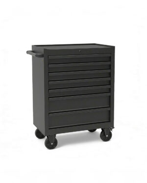 Verktygsvagn med 7 lådor Black edition Nisma tools är en svart rullande verktygslåda med sju lådor, fyra länkhjul och ett sidohandtag för enkel manövrering, mot en vit bakgrund.