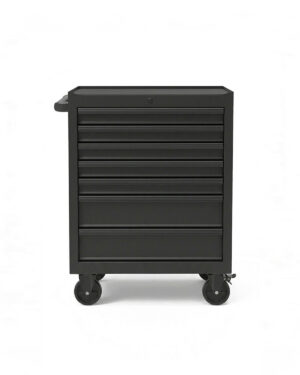 Verktygsvagn med 7 lådor Black edition Nisma tools visas här - en elegant svart rullande verktygslåda med sju lådor och fyra hjul, mot en vit bakgrund.