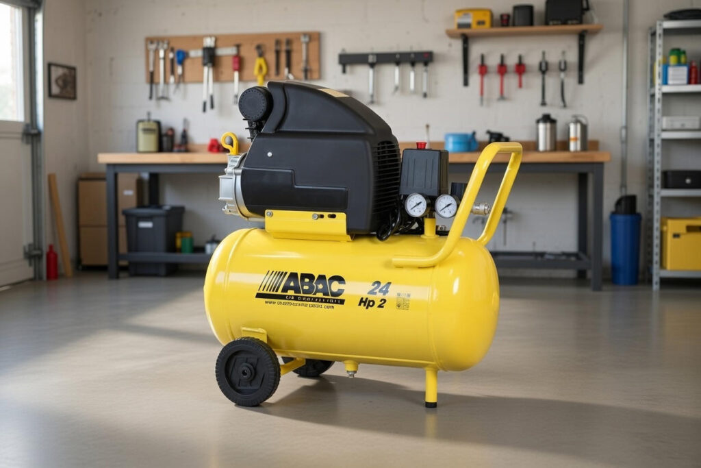 En gul ABAC-luftkompressor med två mätare och en svart motor står på golvet i en välordnad verkstad med verktyg och hyllor i bakgrunden.
