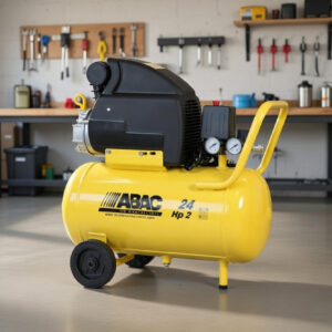 En gul ABAC-luftkompressor med två mätare och en svart motor står på golvet i en välordnad verkstad med verktyg och hyllor i bakgrunden.