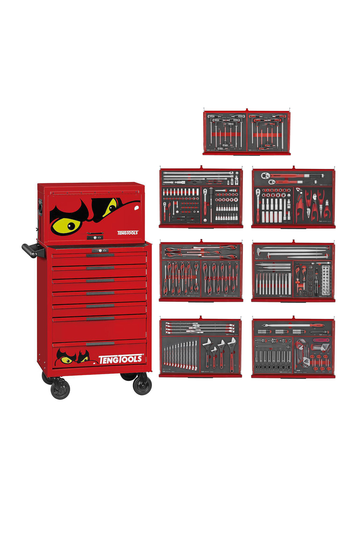 Verktygsvagn 11 lådor + 418 delar verktyg TengTools TKS26R418F, en röd rullande verktygslåda med ögongrafik, visas bredvid organiserade verktygssatser som visas på väggmonterade tavlor.