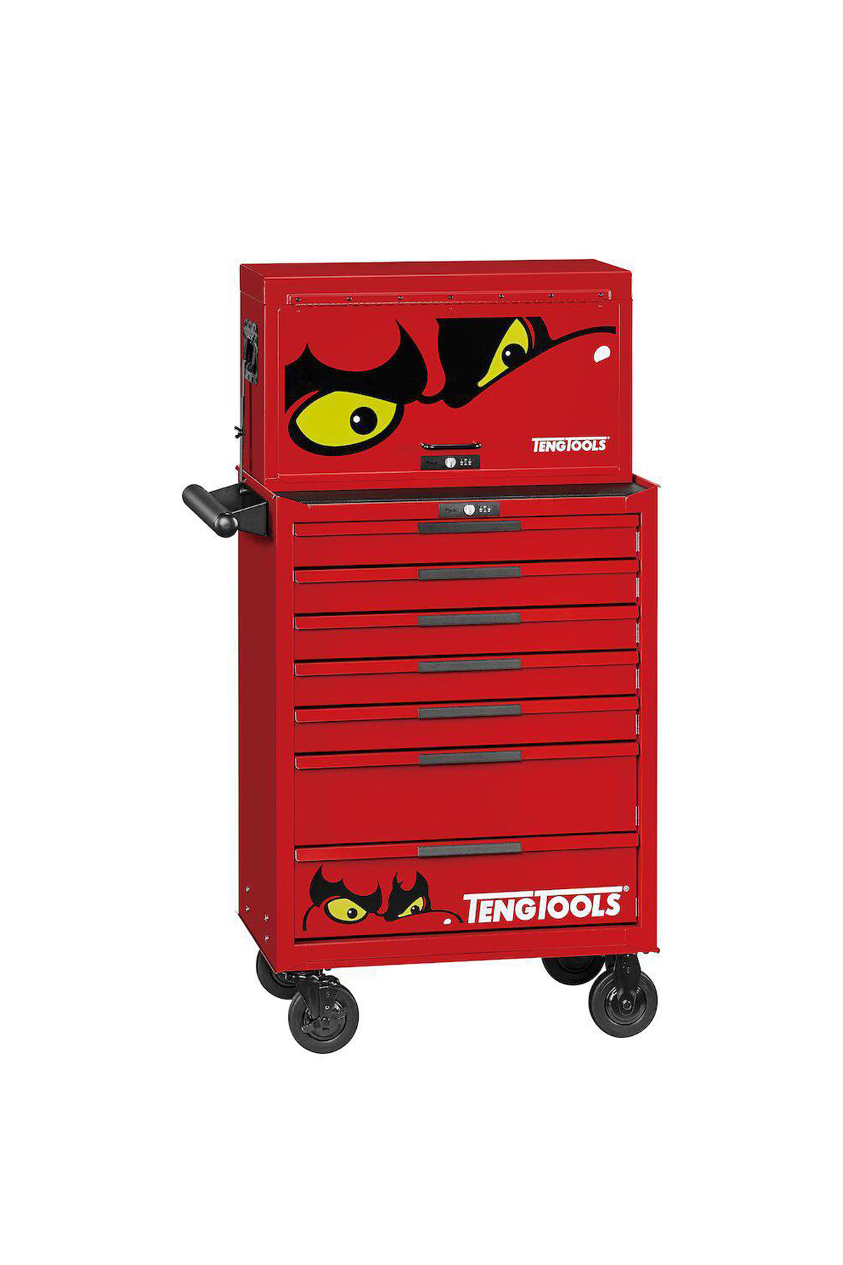 TengTools TKS26R418F är en röd verktygslåda med 11 lådor, hjul, ett sidohandtag och gul-svart grafik med tecknade ögon på det övre facket och den nedre lådan.