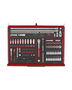 Verktygsvagn 11 lådor + 418 delar verktyg TengTools TKS26R418F innehåller olika handverktyg och hylsor - repor, skruvmejslar, förlängningar och hylshuvuden i olika storlekar - snyggt arrangerade i en röd organiseringsbricka.
