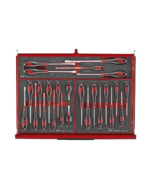 Verktygsvagn 11 lådor + 418 delar verktyg TengTools TKS26R418F innehåller diverse skruvmejslar och handverktyg, alla prydligt organiserade i skumplastfack med ergonomiska röda och svarta handtag.