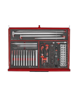 Verktygsvagn 11 lådor + 418 delar verktyg TengTools TKS26R418F är en röd verktygsvagn med 11 lådor som innehåller 418 olika handverktyg som skiftnycklar, skruvmejslar, filer, hylsor och ett spärrhandtag - allt prydligt organiserat i passande fack.