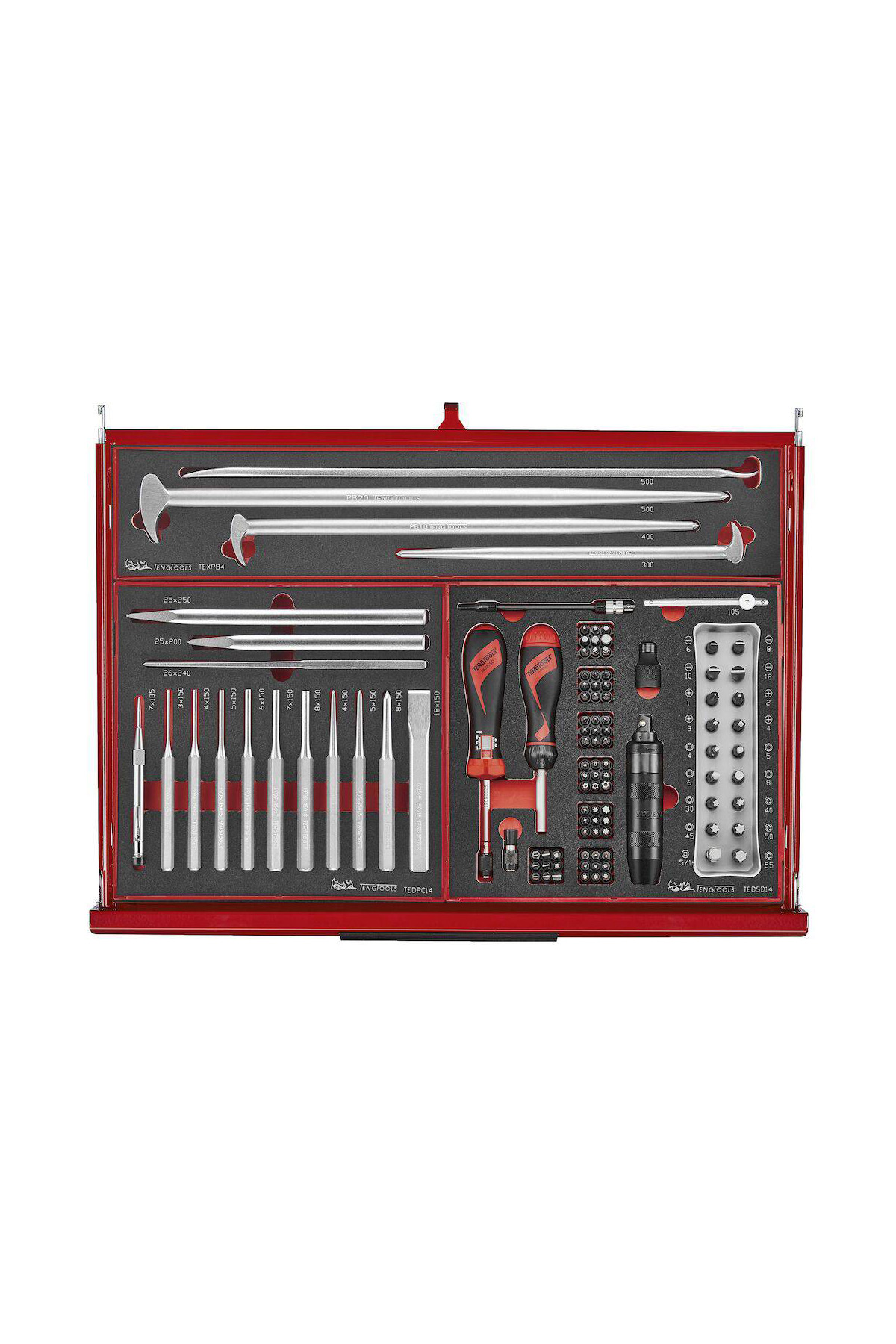 Verktygsvagn 11 lådor + 418 delar verktyg TengTools TKS26R418F är en röd verktygsvagn med 11 lådor som innehåller 418 olika handverktyg som skiftnycklar, skruvmejslar, filer, hylsor och ett spärrhandtag - allt prydligt organiserat i passande fack.