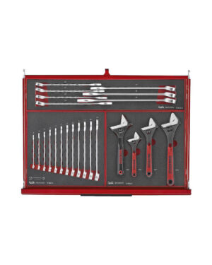 Verktygsvagn 11 lådor + 418 delar verktyg TengTools TKS26R418F innehåller justerbara skiftnycklar och kombinationsnycklar, alla prydligt organiserade i en röd skumplastbricka med märkta fack för varje verktyg.