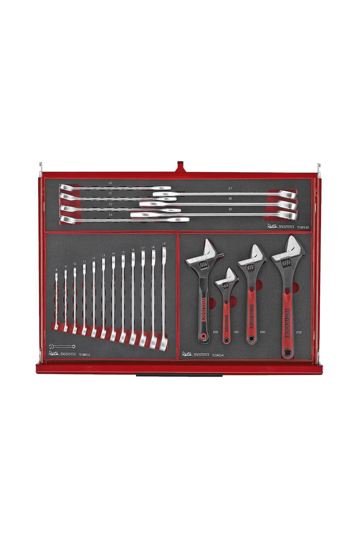 Verktygsvagn 11 lådor + 418 delar verktyg TengTools TKS26R418F innehåller justerbara skiftnycklar och kombinationsnycklar, alla prydligt organiserade i en röd skumplastbricka med märkta fack för varje verktyg.