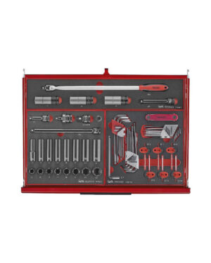 Verktygsvagn 11 lådor + 418 delar verktyg TengTools TKS26R418F har organiserade hylsor, skiftnycklar, insexnycklar, spärrhammare, skruvmejslar och olika handverktyg som är prydligt ordnade i skumplastinsatser.