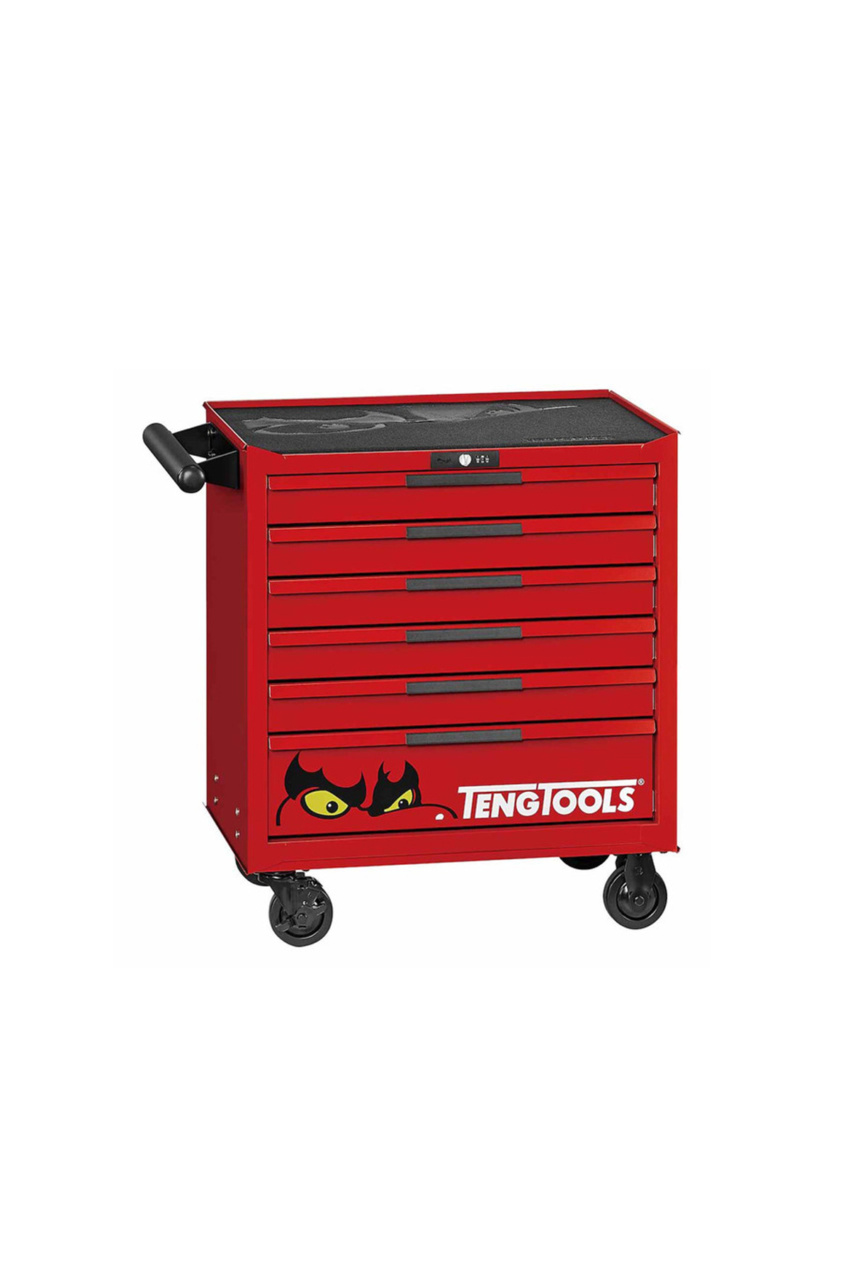 En röd Verktygsvagn 7 lådor TengTools TSW26R7 (kopia) med ett svart vänsterhandtag, fyra hjul, en stiliserad gul och svart ögongrafik på bröstet och Teng Tools-logotypen på den nedre lådan.