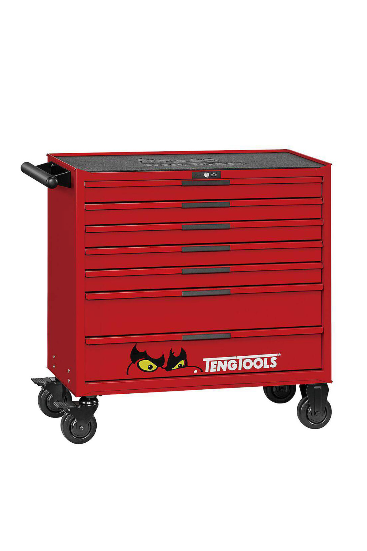 Verktygsvagn 7 lådor TengTools TSW37R7 är en röd rullande verktygslåda med sju lådor, svarta handtag, länkhjul och en tryckt logotyp med ett tecknat öga på den nedre lådan.