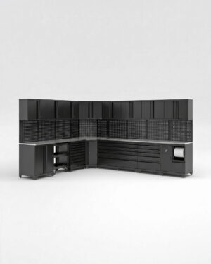 En stor, L-formad svart arbetsstation med förvaringsskåp, lådor, pärlplattor och en rymlig bänkskiva - denna Garageinredning med 16 delar - set 1, Svart, PRO visas mot en vit bakgrund.