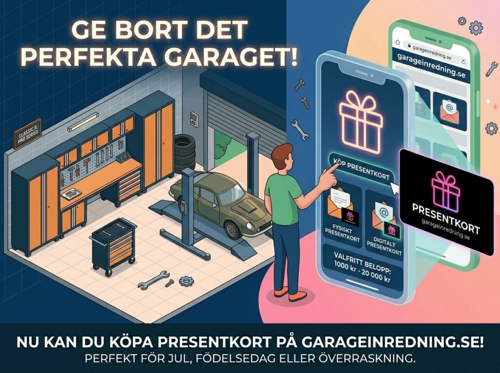 En man i ett garage med verktyg och en billift köper ett digitalt presentkort på sin telefon. Annonsen, som är på svenska, marknadsför köp av presentkort från garageinredning.se för tillfällen som jul eller födelsedagar.