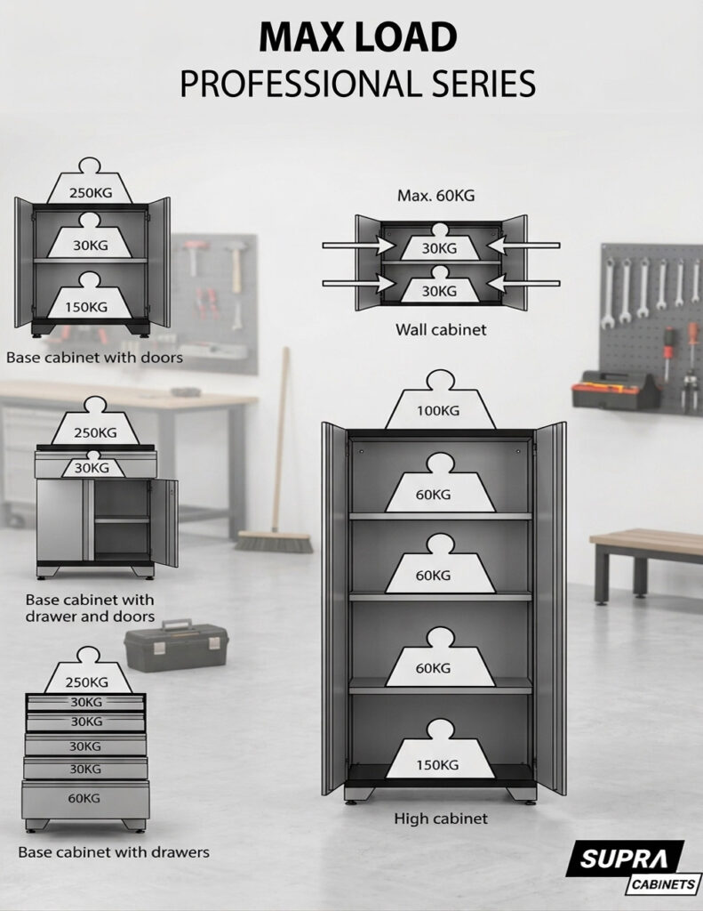Diagram som visar max lastkapacitet för Supra-skåp: Väggskåpshyllor rymmer 30 kg vardera; underskåp (med/utan lådor) hylla 30 kg, bas 150 kg; högskåpshyllor 60 kg, bas 150 kg, topp 100 kg. Verkstadens bakgrund.