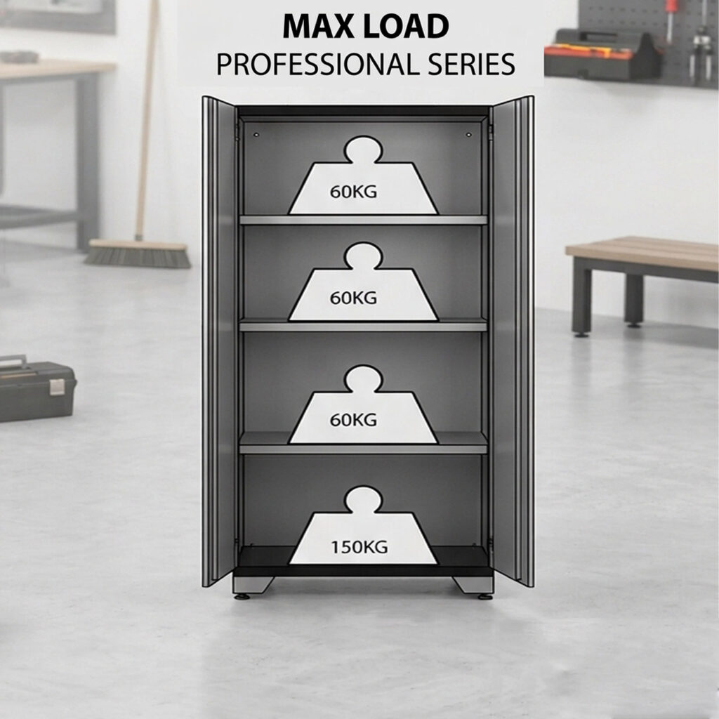 Ett förvaringsskåp i metall med fyra hyllplan; de tre översta hyllplanen är märkta "60KG" och det nedersta hyllplanet är märkt "150KG". Texten ovanför lyder "MAX LOAD PROFESSIONAL SERIES". Skåpet är placerat i en verkstadsmiljö.