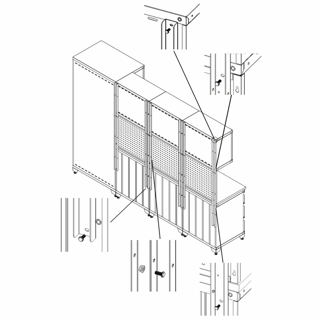 Svartvitt monteringsschema över modulskåp, med detaljerade infällda bilder som visar närbilder av skruvarnas och pinnarnas placering vid olika anslutningspunkter på skåpen.