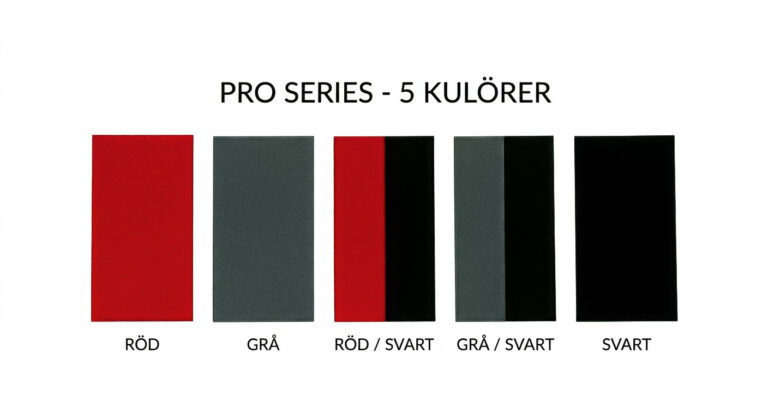 Fem rektangulära färgprover märkta på svenska: röd, grå, röd/svart, grå/svart och svart. Perfekt för Garageinredning, titeln lyder ”PRO SERIES – 5 KULÖRER”.