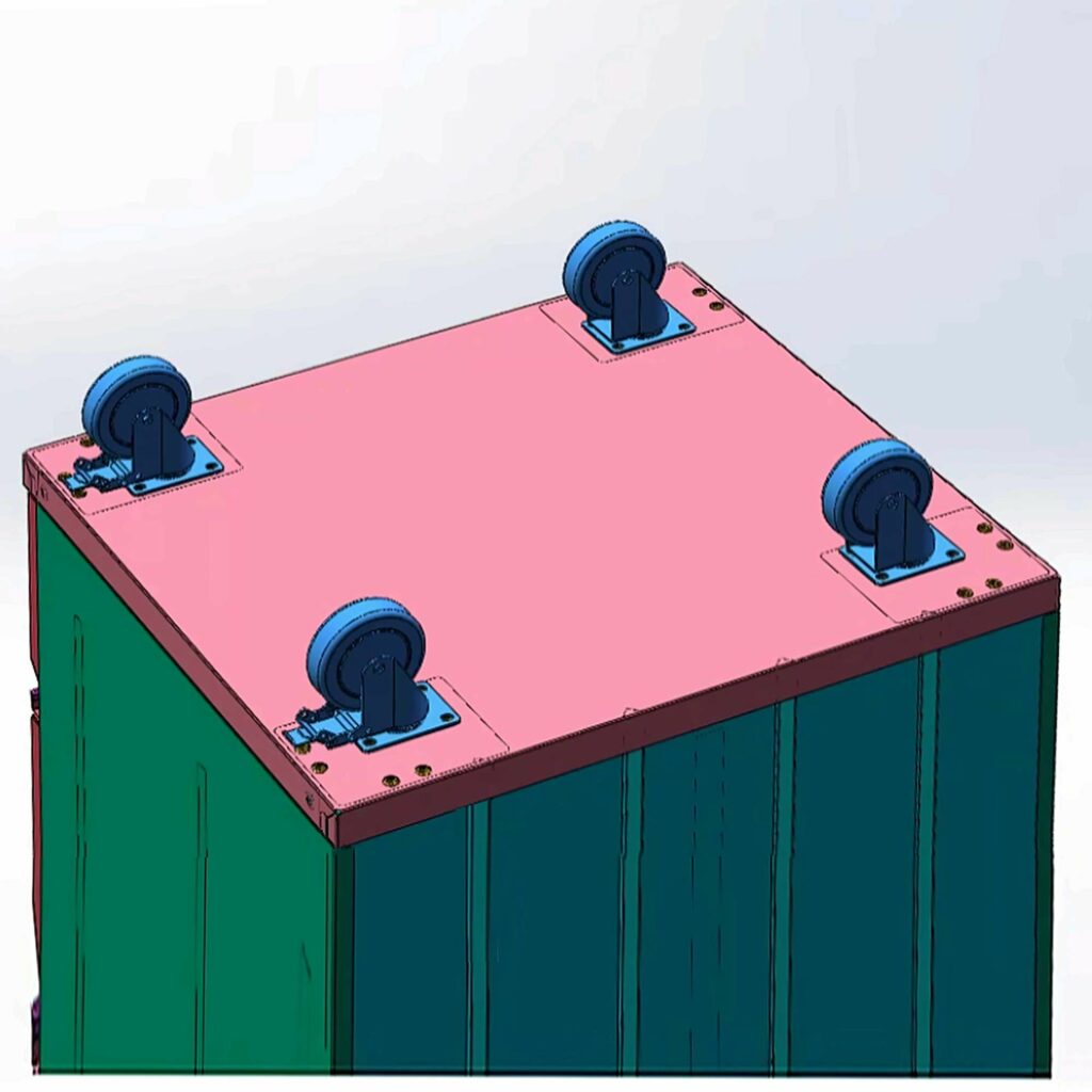 En 3D-modell av en rektangulär låda med ett rosa lock och fyra blå hjul monterade i varje hörn. Lådans sidor är gröna och blå.