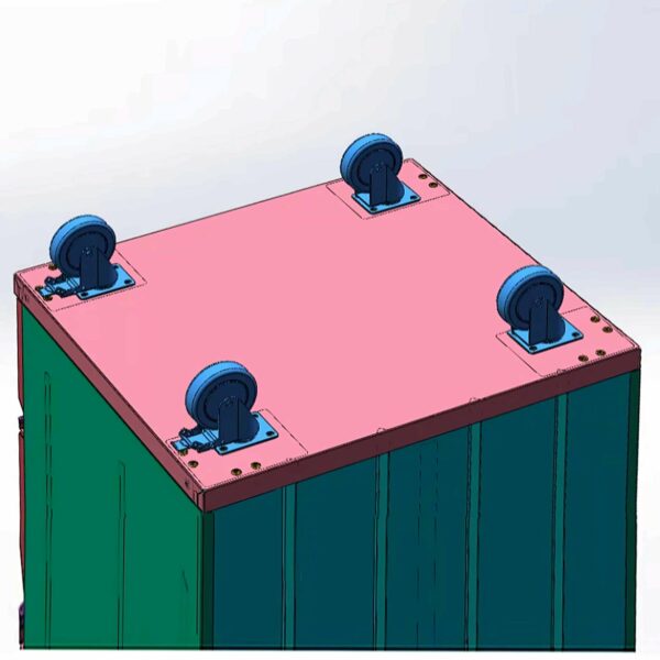 En 3D-modell av en rektangulär låda med ett rosa lock och fyra blå hjul monterade i varje hörn. Lådans sidor är gröna och blå.