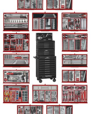En verktygsvagn med 16 lådor och 1033 verktygsdelar, TengTools TKS26R1033T (kopia), elegant i svart, omges av röda verktygsfack som innehåller prydligt ordnade skiftnycklar, skruvmejslar, tänger, hylsor och diverse handverktyg – allt noggrant ordnat i ett rutmönster på vit bakgrund.