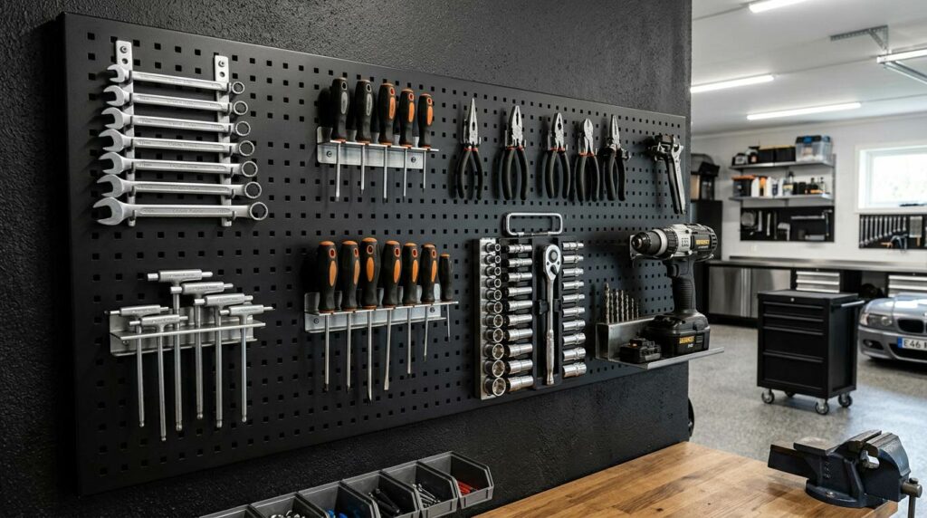 En svart hålskiva visar upp välorganiserade handverktyg, bland annat skiftnycklar, skruvmejslar, tänger och hylsor, i en ren och modern garagearbetsplats. För dig som söker inspiration till verktygstavlor eller letar efter smarta sätt att hänga upp verktyg erbjuder detta väl upplysta rum en prydlig arbetsbänk och verktygslådor som visar hur enkelt det är att ha verktygen lättillgängliga och snyggt ordnade på väggen.