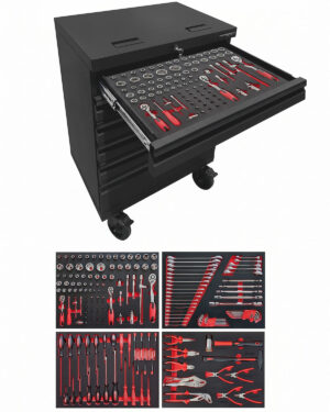 En elegant grå ”Verktygsvagn med 6 lådor PRO”, avbildad med en öppen låda som visar noggrant ordnade handverktyg – ett perfekt tillskott till vilken arbetsplats som helst. Nedan visar fyra närbilder snyggt ordnade skiftnycklar, skruvmejslar, tänger, hylsor och annat i skumplattor – vilket illustrerar mångsidigheten och det kompletta urvalet i denna verktygssats med 176 delar.